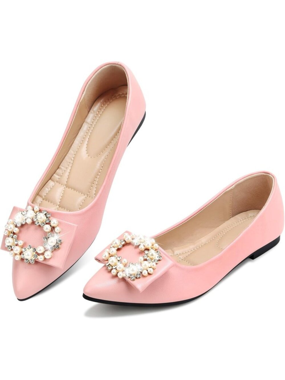 Women's 02-Pink Pointed Toe Pearl Flats Comfort Non Slip Soft Sole Office Shoes